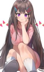 Rule 34 | 1girl, between legs, blurry, breasts, brown hair, cleavage, collarbone, depth of field, dress, earrings, foreshortening, hair ornament, hairclip, head rest, highres, jewelry, large breasts, long hair, looking at viewer, mid (gameshe), original, partially unbuttoned, pink dress, purple eyes, ribbed dress, shoes, short dress, short sleeves, sitting, smile, socks, solo, thighs, very long hair, white socks, x hair ornament