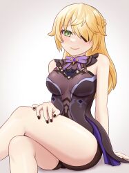 Rule 34 | 1girl, bare arms, bare legs, bare shoulders, black nails, blonde hair, blush, bow, bowtie, breasts, chuunibyou, closed mouth, collar, crossed legs, eyepatch, fischl (genshin impact), genshin impact, green eyes, leotard, long hair, looking at viewer, medium breasts, nail polish, pink lips, purple bow, purple bowtie, sitting, smile, smiley face, solo, tailcoat, take hero, thighs