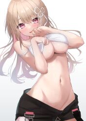 Rule 34 | 1girl, absurdres, ayaginu temari, bare arms, bare shoulders, black shorts, blush, breasts, brown hair, camisole, cleavage, clothes lift, colored inner hair, cowboy shot, crop top, embarrassed, flower knot, hair ribbon, hands up, highres, isekai tensei shite v ni narimashita, large breasts, lifted by self, long hair, looking at viewer, midriff, mirea, mole, mole under eye, multicolored hair, navel, no bra, open mouth, red eyes, ribbed shirt, ribbon, second-party source, shirt, shirt lift, short shorts, shorts, simple background, sleeveless, sleeveless shirt, solo, spaghetti strap, standing, stomach, strap slip, underboob, virtual youtuber, white background, white shirt
