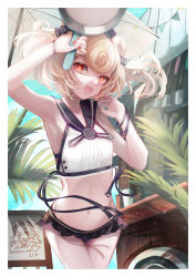 Rule 34 | 1girl, animal ears, arknights, bikini, bikini bottom only, black bikini, blonde hair, border, cameo, candy hair ornament, commentary request, cowboy shot, fern, food-themed hair ornament, frying pan, gummy (arknights), gummy (summer flowers) (arknights), hair ornament, hand up, hemorina, highres, holding, holding frying pan, looking at viewer, navel, official alternate costume, open mouth, orange eyes, rosa (arknights), short hair, solo, standing, stomach, swimsuit, umbrella, white bikini, white border, white umbrella, wristband