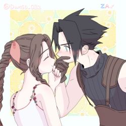 Rule 34 | 1boy, 1girl, aerith gainsborough, bare shoulders, black hair, blue eyes, blush, braid, braided ponytail, brown gloves, brown hair, closed eyes, couple, crisis core final fantasy vii, damso, dress, ear blush, earrings, final fantasy, final fantasy vii, floral background, flower, food, from side, fruit, gloves, hair ribbon, hand to own mouth, highres, jewelry, lemon, light blush, long hair, looking at another, parted bangs, pink ribbon, profile, ribbon, sidelocks, sleeveless, sleeveless dress, sleeveless turtleneck, smile, spiked hair, square enix, stud earrings, suspenders, sweatdrop, sweater, turtleneck, turtleneck sweater, upper body, white dress, zack fair