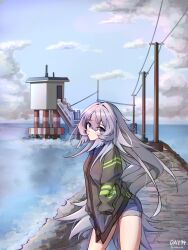Rule 34 | 1girl, absurdres, arknights, black jacket, blue eyes, blush, commentary request, dated, denim, denim shorts, feathered wings, feathers, gaoling gangqin, hair between eyes, hands in pockets, head wings, highres, jacket, long hair, looking at viewer, mulberry (arknights), pier, power lines, shorts, solo, very long hair, white feathers, white hair, white wings, wings
