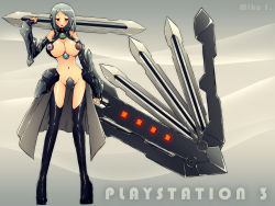 Rule 34 | 1girl, bare shoulders, boots, breasts, criss-cross halter, crotch plate, detached sleeves, dual wielding, game console, halterneck, halterneck, highres, holding, huge breasts, huge weapon, mike inel, narrow waist, navel, personification, playstation 3, ps3-tan, revealing clothes, silver hair, narrow waist, solo, sword, thigh boots, thighhighs, weapon