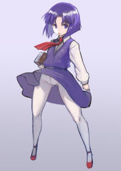 Rule 34 | 1girl, alice (asura blade), asura blade, book, collared shirt, full body, gluteal fold, gradient background, hair intakes, highres, holding, holding book, johan (johan13), legs apart, long sleeves, necktie, open mouth, panties, panties under pantyhose, pantyhose, purple eyes, purple hair, purple skirt, purple vest, red footwear, red necktie, shirt, shoes, short hair, skirt, skirt set, solo, standing, underwear, vest, white panties, white pantyhose, white shirt