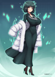 Rule 34 | 1girl, aura, blush, breasts, coat, collared dress, dress, fanbox username, fubuki (one-punch man), full body, fur coat, gekkoukan high school uniform, green eyes, jacket, jewelry, large breasts, long dress, narrow waist, necklace, one-punch man, parted lips, pearl necklace, school uniform, short hair, skinny, solo, tight clothes, tight dress, virus-g, white jacket