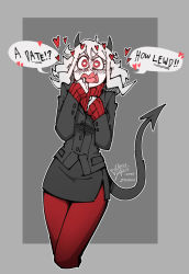 Rule 34 | 1girl, black suit, blush, commentary, cowboy shot, dated, demon girl, demon horns, english commentary, english text, fang, formal, grey background, grey jacket, heart, heart-shaped pupils, helltaker, highres, horns, irony, jacket, modeus (helltaker), outline, outside border, pantyhose, red pantyhose, ribbed shirt, shirt, signature, simple background, skin fang, sleeves past wrists, solo, spoken heart, ssambatea, suit, symbol-shaped pupils, white outline