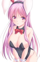 Rule 34 | 1girl, animal ears, bare arms, bare shoulders, black hairband, blush, bow, bowtie, breasts, cleavage, collarbone, commentary request, cowboy shot, detached sleeves, groin, hairband, hisae (hisae collect), large breasts, leaning forward, leotard, long hair, looking at viewer, playboy bunny, purple hair, rabbit ears, red bow, red bowtie, red eyes, reisen udongein inaba, sidelocks, simple background, solo, touhou, v arms, very long hair, white background, wrist cuffs