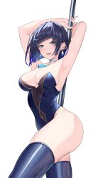 Rule 34 | 1girl, alternate costume, aqua eyes, armpits, arms up, ass, blue hair, blue leotard, blue thighhighs, blunt bangs, blunt ends, blush, breasts, choker, cleavage, cowboy shot, earrings, genshin impact, highleg, highleg leotard, highres, jewelry, large breasts, leotard, mikoto paint, naughty face, open mouth, pole dancing, short hair, simple background, skindentation, smile, teeth, thick thighs, thighhighs, thighs, upper teeth only, white background, white choker, yelan (genshin impact)