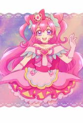 Rule 34 | 1girl, :d, aizen (syoshiyuki), apron, back bow, bare shoulders, bow, brooch, choker, collarbone, cone hair bun, cowboy shot, cure precious, delicious party precure, double bun, earrings, flower, gloves, hair bow, hair bun, hair flower, hair ornament, heart, heart brooch, highres, huge bow, jewelry, long hair, looking at viewer, multicolored background, nagomi yui, open mouth, pink bow, pink choker, pink hair, pink skirt, precure, purple eyes, sidelocks, skirt, smile, solo, standing, two side up, white gloves