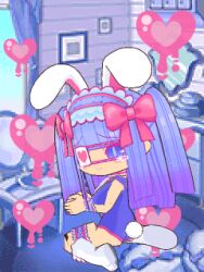 Rule 34 | 1girl, 3d, animal ears, animated, animated gif, blinking, blush, bow, eyepatch, fancy-pink, hands up, headdress, heart, holding, indoors, jigyakuna (hecktop), kneehighs, legband, light smile, long hair, looking at viewer, looking back, lowres, melting, mirror, picture frame, pink bow, purple eyes, purple hair, rabbit ears, rabbit girl, rabbit tail, smile, socks, tail, tears, tororin time, white socks, window