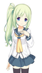 Rule 34 | 1girl, black thighhighs, blue eyes, blue skirt, character request, copyright request, green hair, hand on own chest, long hair, school uniform, serafuku, shiratama dango, shirt, side ponytail, simple background, skirt, smile, solo, thighhighs, white background, white shirt
