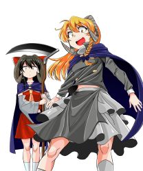 Rule 34 | 2girls, black hair, black shirt, blonde hair, blue cape, bow, braid, brown eyes, cape, closed mouth, commentary request, cookie (touhou), detached sleeves, eyes visible through hair, feet out of frame, frilled bow, frills, grey skirt, hair between eyes, hair bow, hair tubes, hakurei reimu, highres, holding, holding scythe, horns, kirisame marisa, long hair, long sleeves, looking at viewer, mugi (cookie), multiple girls, necktie, nicoseiga13360928, nontraditional miko, open mouth, purple bow, red bow, red shirt, red skirt, rei (cookie), ribbon-trimmed sleeves, ribbon trim, scythe, sheep horns, shirt, simple background, single braid, skirt, sleeveless, sleeveless shirt, socks, teeth, touhou, upper teeth only, white background, white legwear, white sleeves, yellow eyes, yellow neckwear