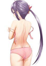 Rule 34 | 1girl, akebono (kancolle), ass, back, bell, blush, bra, closed mouth, cowboy shot, flower, from behind, hair bell, hair flower, hair ornament, highres, jingle bell, kantai collection, long hair, looking back, panties, pink bra, pink flower, pink panties, purple eyes, purple hair, side ponytail, simple background, solo, underwear, underwear only, white background, zuki