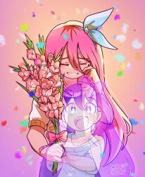 Rule 34 | + +, 2girls, aubrey (faraway) (omori), aubrey (headspace) (omori), aubrey (omori), blue shirt, blush, bouquet, bow, bunnnyui, closed eyes, collarbone, crop top, flower, hair bow, hairband, highres, holding, holding bouquet, jacket, looking at viewer, multiple girls, omori, open mouth, parted lips, pink bow, pink hair, purple hair, shirt, short sleeves, smile, tears, teeth, upper teeth only, white jacket, wiping tears