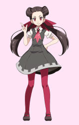 Rule 34 | 1girl, arm up, black hair, bow, brown footwear, collar, collared shirt, creatures (company), dress, full body, game freak, grey dress, hair bow, hand on own hip, leggings, long hair, looking at viewer, mary janes, necktie, nintendo, pantyhose, pink background, pink necktie, pokemon, pokemon oras, red bow, red eyes, red pantyhose, roxanne (pokemon), shirt, shoes, short sleeves, simple background, sleeveless, sleeveless dress, smile, solo, tsukishiro saika, twintails, white collar