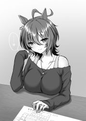 Rule 34 | ..., 1girl, absurdres, agnes tachyon (umamusume), ahoge, animal ears, bare shoulders, blush, breast rest, breasts, breasts on table, commentary request, earrings, greyscale, hair between eyes, heart, highres, horse ears, horse girl, jewelry, large breasts, long sleeves, looking at viewer, monochrome, off-shoulder shirt, off shoulder, paper, ring, ryochapu, shirt, single earring, sitting, smile, solo, speech bubble, spoken ellipsis, spoken heart, table, umamusume, wedding band