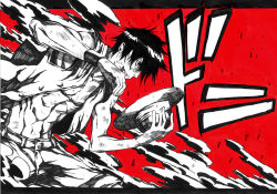 Rule 34 | 1boy, abs, black hair, blood, color background, fighting stance, grin, hat, highres, injury, male focus, monkey d. luffy, monochrome, muscular, one piece, open clothes, open vest, red background, smile, solo, spot color, steam, straw hat, vest, wristband