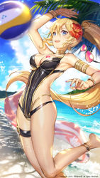 Rule 34 | 1girl, anklet, arm up, armlet, armpits, ball, bare shoulders, barefoot, beach, beach volleyball, black one-piece swimsuit, blonde hair, blue eyes, blue sky, blurry, bracelet, breasts, cleavage, cloud, day, depth of field, floating hair, flower, foot out of frame, girl cafe gun, hair flower, hair ornament, heart, hibiscus, hibiscus hair ornament, highres, jewelry, juno emmons, leg up, long hair, looking at viewer, medium breasts, nail polish, neck ring, one-piece swimsuit, open mouth, palm leaf, playing sports, ponytail, sky, smile, solo, sunglasses, swimsuit, thigh strap, thighs, very long hair, volleyball, volleyball (object), water, watermark, whoisshe