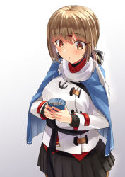 Rule 34 | 1girl, black bow, black skirt, blush, bow, brown eyes, brown hair, cowboy shot, cup, gradient background, hair between eyes, hair bow, hair ornament, hairclip, holding, holding cup, jacket, kantai collection, long hair, long sleeves, low twintails, mayura (lucadia), parted lips, pleated skirt, red shirt, scarf, shirt, skirt, solo, tashkent (kancolle), torn clothes, torn scarf, twintails, untucked shirt, white jacket, white scarf