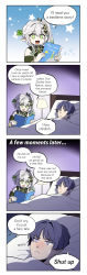 Rule 34 | 1boy, 1girl, 4koma, :d, absurdres, bed, book, braid, closed mouth, comic, crying, frown, genshin impact, green eyes, hair ornament, highres, lamp, le petit prince, leaf hair ornament, mygreenteacake, nahida (genshin impact), open mouth, purple hair, reading, scaramouche (genshin impact), side ponytail, smile, under covers, white hair