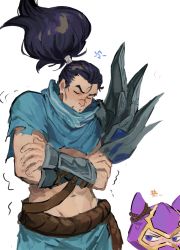 Rule 34 | 2boys, armor, black hair, capelet, closed eyes, cowboy shot, crossed arms, ghostgrass, grey background, highres, kennen, league of legends, long hair, looking at another, midriff, multiple boys, navel, ninja, ponytail, rope, scar, scar on face, scar on nose, shoulder armor, simple background, teeth, torn capelet, torn clothes, translation request, yasuo (league of legends), yordle