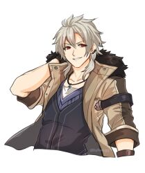 Rule 34 | 1boy, coat, commentary, commission, crow armbrust, double-parted bangs, ear piercing, eiyuu densetsu, english commentary, fur collar, hair between eyes, highres, jewelry, male focus, necklace, piercing, portrait, red eyes, sen no kiseki, sen no kiseki iv, sierra117renner, simple background, smile, transparent background, upper body, white hair