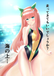 Rule 34 | 1girl, animal ears, beach, black one-piece swimsuit, blue sky, breasts, commentary request, competition swimsuit, cowboy shot, day, green eyes, hairband, highres, hime cut, horizon, horse ears, horse girl, horse tail, long hair, multicolored clothes, multicolored swimsuit, ocean, one-piece swimsuit, orange hair, outdoors, silence suzuka (umamusume), sky, small breasts, solo, swimsuit, tail, tomotan (pixiv 30448887), translation request, umamusume, white hairband
