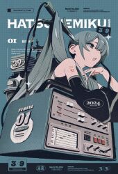 Rule 34 | 1girl, :o, amplifier, bare shoulders, black sleeves, blue background, blue eyes, blue hair, collared shirt, detached sleeves, from below, grid background, hair over one eye, hand on own chest, hand up, hatsune miku, highres, long hair, long sleeves, looking ahead, miku day, number tattoo, one eye covered, open mouth, poro (apom6n), shirt, simple background, sleeveless, sleeveless shirt, solo, tattoo, twintails, upper body, very long hair, vocaloid, white shirt