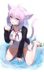 Rule 34 | 1girl, absurdres, animal ears, black panties, breasts, cat ears, cat girl, cat tail, cleavage, commentary request, full body, highres, hololive, kabedoru, looking at viewer, medium breasts, neck ribbon, nekomata okayu, nekomata okayu (oversized shirt), official alternate costume, panties, paw pose, purple eyes, purple hair, purple neckwear, purple ribbon, ribbon, shirt, short hair, sitting, solo, tail, underwear, undone neck ribbon, virtual youtuber, wariza, wet, wet clothes, wet shirt, white shirt