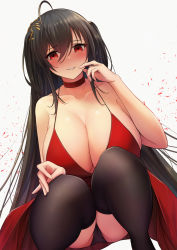 Rule 34 | 1girl, ahoge, armpit crease, ass, azur lane, bare shoulders, black hair, black panties, black thighhighs, blush, breasts, choker, cleavage, collarbone, commentary, commentary request, dress, finger to face, from below, hair between eyes, hair ornament, hand on own knee, hand up, highres, huge breasts, kannko bokujou, long hair, looking at viewer, no nose, official alternate costume, open mouth, panties, parted lips, red dress, red eyes, revision, sidelocks, smile, smirk, smug, solo, squatting, taihou (azur lane), taihou (forbidden feast) (azur lane), thighhighs, thighs, twintails, underwear, very long hair