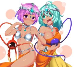 Rule 34 | 2girls, :d, alternate costume, alternate skin color, armlet, bare shoulders, blush, breasts, choker, cleavage, collarbone, cosplay, cowboy shot, dancer, dark-skinned female, dark skin, dragon quest, dragon quest iv, eyeball, green eyes, green hair, groin, headgear, heart, highres, hitotsuki nebura, indian clothes, komeiji koishi, komeiji satori, large breasts, locked arms, looking at another, looking at viewer, looking down, manya (cosplay), manya (dq4), minea (cosplay), minea (dq4), multiple girls, navel, nose blush, open mouth, pelvic curtain, purple eyes, purple hair, revealing clothes, siblings, sisters, small breasts, smile, thighs, third eye, touhou, white background