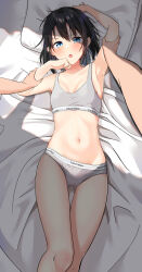 Rule 34 | 1boy, 1girl, :o, absurdres, arm up, armpits, bare arms, bare shoulders, bed sheet, black hair, blue eyes, bra, breasts, cac itinose, calvin klein, collarbone, commentary request, feet out of frame, grey bra, grey panties, hair between eyes, hand up, highres, lying, on back, original, panties, parted lips, pillow, shadow, small breasts, solo focus, underwear, underwear only