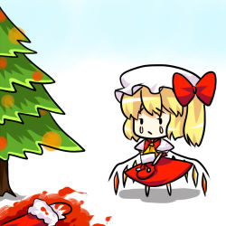 Rule 34 | 1girl, 1other, 2118, bad end, bad id, bad pixiv id, blonde hair, blood, chibi, death, female focus, flandre scarlet, full body, hat, lowres, plant, ponytail, red eyes, santa costume, short hair, side ponytail, solo, standing, tears, touhou, tree, white background, wings