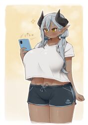 Rule 34 | 1girl, absurdres, black shorts, blush, breasts, cellphone, collarbone, cropped legs, dark-skinned female, dark skin, grey hair, hair over shoulder, highres, horns, huge breasts, ichika (ichika manga), long hair, long pointy ears, low twintails, midriff peek, navel, no nose, original, phone, pointy ears, selfie, shirt, shirt overhang, shorts, smile, solo, stomach, twintails, white shirt, yamiel-chan