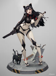 Rule 34 | 1girl, :d, absurdres, animal ears, black cat, black hair, bodysuit, breasts, cat, cat ears, character name, collar, colored sclera, commentary, concrete, full body, hairband, head tilt, highres, holding, holding sword, holding weapon, kim han seul, leaning forward, leaning to the side, long hair, medium breasts, open mouth, original, rebar, sheath, sheathed, slit pupils, smile, standing, sword, weapon, yellow sclera