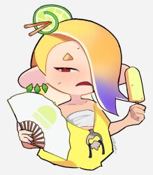 Rule 34 | 105custom, 1girl, chest sarashi, earrings, food, fruit, gradient hair, hand fan, holding, holding fan, holding food, holding popsicle, jewelry, lime (fruit), lime slice, looking at viewer, multicolored hair, nintendo, poncho, popsicle, sarashi, shiver (splatoon), splatoon (series), splatoon 3, sweat, white background