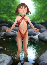 Rule 34 | 1girl, breasts, brown hair, casual one-piece swimsuit, clenched teeth, closed eyes, clothing cutout, forest, highleg, highleg swimsuit, highres, mu-pyon, nature, navel, navel cutout, one-piece swimsuit, one-piece tan, original, outdoors, red one-piece swimsuit, red slingshot swimsuit, rock, short hair, slingshot swimsuit, small breasts, solo, standing, swimsuit, tan, tanline, teeth, trembling, twintails, wading, water
