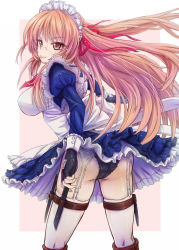 Rule 34 | 1girl, apron, ass, black gloves, black panties, boots, breasts, brown eyes, brown hair, fingerless gloves, garter belt, garter straps, glasses, gloves, hair ribbon, highres, holding, holster, juliet sleeves, knife, knife belt, long hair, long sleeves, looking at viewer, looking back, maid, maid apron, maid headdress, panties, puffy sleeves, ribbon, rimless eyewear, solo, thigh holster, thighhighs, toriatto gununu, two side up, underwear, white thighhighs
