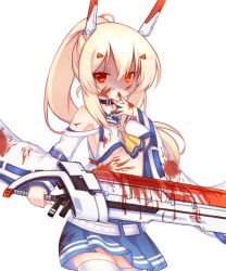 Rule 34 | 1girl, ascot, ayanami (azur lane), azur lane, bare shoulders, belt, black choker, blonde hair, blood, blood on clothes, blood on face, blood on hands, bloody weapon, blue sailor collar, blue skirt, breasts, choker, commentary request, crop top, detached sleeves, hair between eyes, hair ornament, hairclip, hand to own mouth, hand up, headgear, high ponytail, holding, holding sword, holding weapon, long hair, long sleeves, medium breasts, pleated skirt, ponytail, red eyes, remodel (azur lane), sailor collar, sakurato ototo shizuku, school uniform, serafuku, shaded face, shirt, sidelocks, simple background, skirt, sleeveless, sleeveless shirt, sleeves past wrists, solo, sword, underboob, very long hair, weapon, white background, white belt, white shirt, white sleeves, wide sleeves, yellow ascot