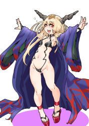 Rule 34 | 1girl, blonde hair, breasts, cosplay, fangs, fate/grand order, fate (series), full body, hair ornament, highres, horns, ibuki suika, japanese clothes, kimono, long hair, looking at viewer, mersoleil03, navel, open clothes, open kimono, open mouth, orange eyes, outstretched arms, platform clogs, revealing clothes, sandals, shuten douji (fate), shuten douji (fate) (cosplay), shuten douji (first ascension) (fate), simple background, small breasts, smile, solo, standing, teeth, tongue, touhou, trait connection, white background, wide sleeves