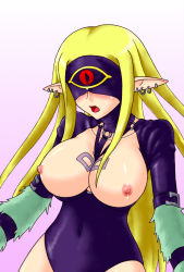 Rule 34 | 1girl, blindfold, blonde hair, blush, breasts, cleavage, cyclops, duel monster, earrings, jewelry, leotard, long hair, mist valley shaman, nipples, one-eyed, open mouth, pataneet, piercing, pointy ears, yu-gi-oh!