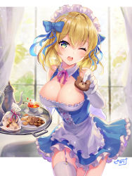 Rule 34 | 1girl, ;d, absurdres, apron, bare shoulders, blonde hair, blush, bow, breasts, cleavage, cleavage cutout, clothing cutout, commission, cookie, cup, elbow gloves, food, garter straps, gloves, green eyes, hair bow, highres, holding, holding cookie, holding food, holding tray, incoming food, large breasts, maid, maid headdress, one eye closed, open mouth, original, piyoyanagi, short hair, signature, skeb commission, skindentation, smile, teacup, teapot, teeth, thighhighs, tray, upper teeth only, waist apron, white apron, white garter straps, white gloves, white thighhighs, wing collar
