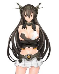 Rule 34 | 10s, 1girl, absurdres, bad id, bad nicoseiga id, black gloves, black hair, breasts, cleavage, covering privates, covering breasts, crossed arms, elbow gloves, fingerless gloves, gloves, headgear, highres, huge breasts, kantai collection, long hair, looking to the side, miniskirt, nagato (kancolle), pleated skirt, red eyes, siesta (artist), simple background, skirt, solo, torn clothes, torn skirt