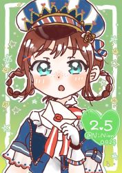 Rule 34 | 1girl, :o, alternate hairstyle, animal hat, aqua eyes, artist name, artist request, blue eyes, blue hat, blue jacket, blush, border, bow, bowtie, bracelet, braid, breasts, brown hair, buttons, close-up, collared shirt, cropped jacket, delivering comfort - emma mail (love live!), dress, dress shirt, emma mail (love live!), emma verde, female focus, freckles, frilled sleeves, frills, gloves, green background, hair between eyes, hair ornament, hair rings, hair tie, hat, hat bow, heart, heart (symbol), heart print, highres, holding, holding letter, jacket, jewelry, letter, long hair, looking at viewer, love live!, love live! nijigasaki high school idol club, love live! school idol festival, love live! school idol festival all stars, mail, neck ribbon, parted lips, peaked cap, red bow, red hair, ribbon, shirt, short sleeves, small breasts, smile, solo, star (symbol), striped, striped bow, twin braids, twintails, upper body, white border, white gloves, white shirt, x hair ornament
