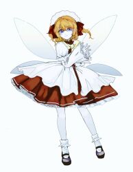 Rule 34 | 1girl, black footwear, blonde hair, blue eyes, bow, bowtie, brown dress, closed mouth, colored skin, dress, fairy, fairy wings, full body, gloves, hair bow, headdress, juliet sleeves, long sleeves, looking at viewer, mary janes, own hands together, pantyhose, posumine, puffy sleeves, red bow, shirt, shoes, short hair, sidelocks, simple background, smile, socks, solo, sunny milk, tachi-e, touhou, two side up, white background, white gloves, white pantyhose, white shirt, white skin, white socks, wings