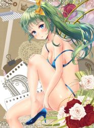Rule 34 | 1girl, :o, alternate costume, bare arms, bare shoulders, bikini, blue bikini, blue eyes, blue footwear, blush, bow, breasts, cleavage, collarbone, daiyousei, fairy wings, feet, floral background, flower, from side, green hair, hair bow, high heels, knee up, long hair, looking at viewer, looking to the side, medium breasts, aged up, shoe dangle, shoes, side ponytail, sideboob, sitting, solo, strap slip, swimsuit, touhou, uemura shun, wings, yellow bow