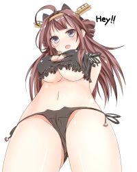 Rule 34 | !, !!, 10s, 1girl, :d, ahoge, alternate costume, arms behind back, bad id, bad pixiv id, bell, black panties, blush, breasts, brown hair, cat cutout, cat ear panties, cat lingerie, cleavage, cleavage cutout, clothing cutout, cowboy shot, from below, gluteal fold, hairband, headgear, highres, jingle bell, kantai collection, kongou (kancolle), large breasts, long hair, looking at viewer, meme attire, navel, open mouth, panties, paw print, pikacchi, purple eyes, side-tie panties, simple background, smile, solo, stomach, underboob, underwear, underwear only, white background