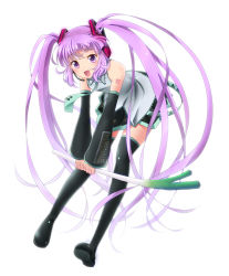 Rule 34 | 1girl, :o, black skirt, black thighhighs, boots, cosplay, detached sleeves, full body, hatsune miku, hatsune miku (cosplay), leaning forward, long hair, miyato000, necktie, pleated skirt, purple eyes, purple hair, sidelocks, skirt, solo, sophie (tales), spring onion, tales of (series), tales of graces, thigh boots, thighhighs, twintails, vocaloid, white background