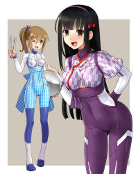 Rule 34 | 2girls, adapted costume, black hair, blue bodysuit, bodysuit, breasts, brown eyes, brown hair, full body, gluteal fold, green eyes, hair ribbon, hairband, impossible bodysuit, impossible clothes, katahira masashi, leaning forward, long hair, looking at viewer, medium breasts, multiple girls, one eye closed, open mouth, original, ponytail, purple bodysuit, ribbon, simple background, skin tight, thighhighs, two-tone background