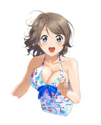 Rule 34 | 0364p, 1girl, absurdres, blue eyes, bow, breasts, brown hair, cleavage, highres, looking at viewer, love live!, love live! sunshine!!, medium breasts, motion blur, one-piece swimsuit, short hair, simple background, smile, solo, swimsuit, watanabe you, wavy hair